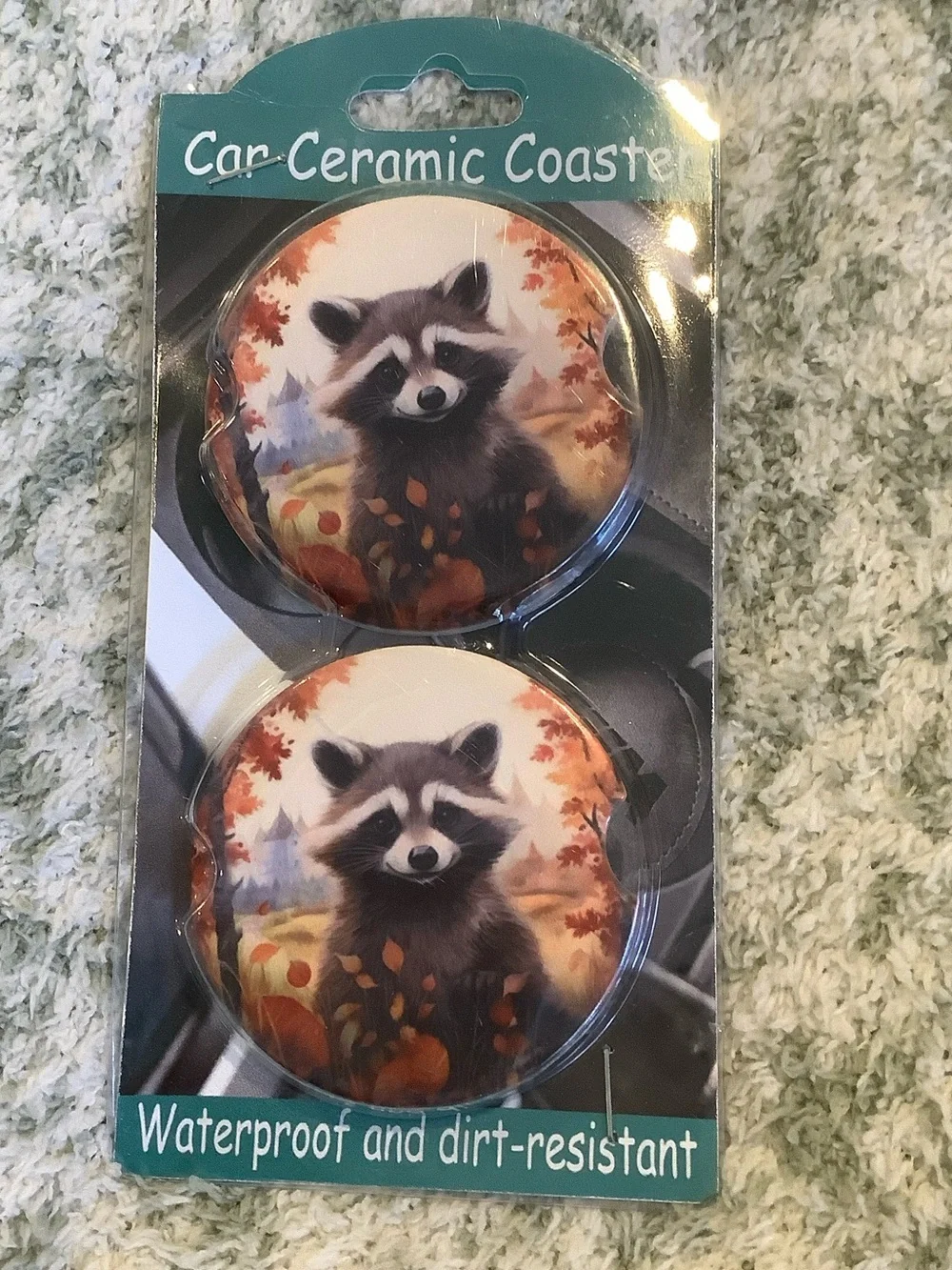Raccoon Ceramic Car Coaster Set of Two, NWT waterproof 2.75”